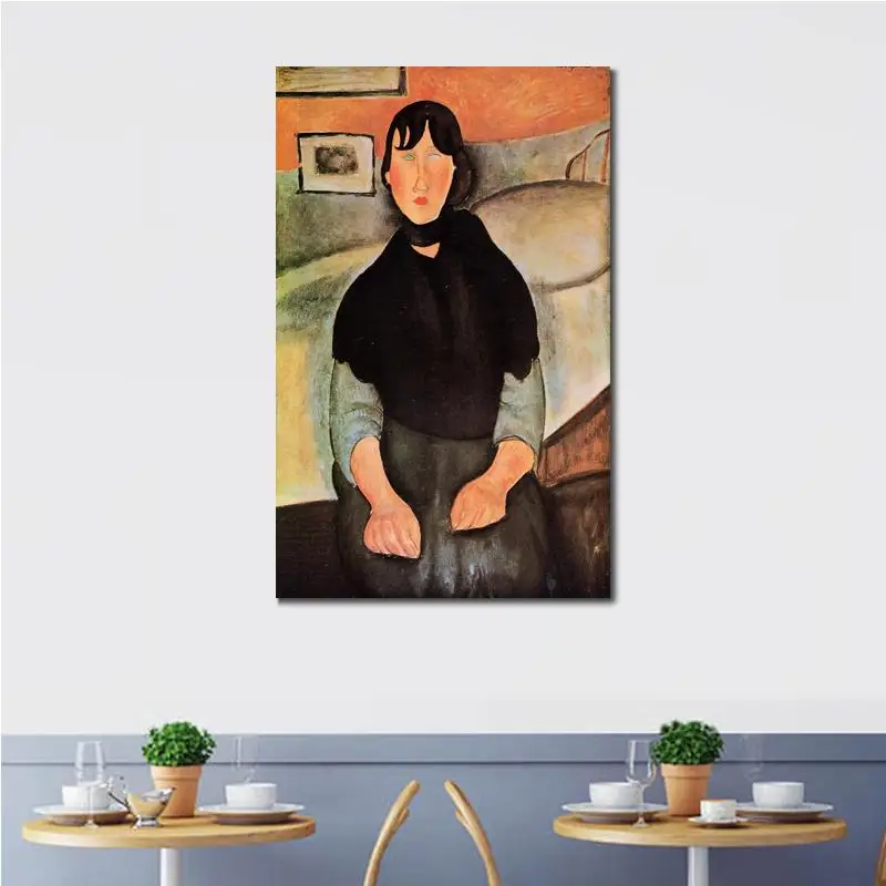 Dark Young Woman Seated by A Bed Amedeo Modigliani Painting Wall Art for Office Space Handmade High Quality