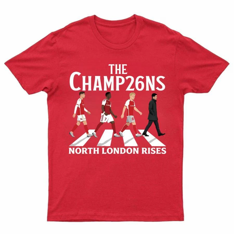 Camiseta Gráfica Unissex de Algodão Arsenal THE CHAMP26NS, Moda de Verão de Alta Qualidade para Homens e Mulheres, Camiseta Comemorativa de Futebol