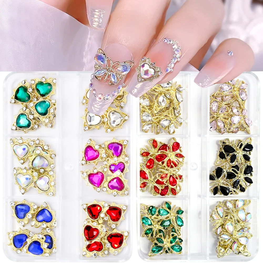 24 Pcs Aurora Butterfly Diamond Nail Charm K9 6 Grid Alloy Golden Butterflies DIY Love Zircon Manicure For Nail Accessories ***