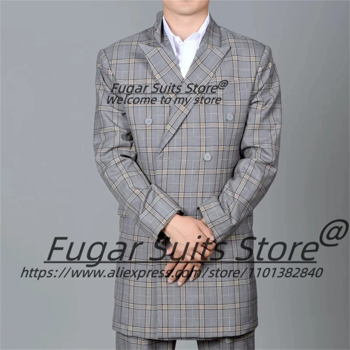 

Business Plaid Long Men Suits 3 Pieces Sets Customized Size Double Breasted Groom Prom Tuxedos Male Formal Blazers Ropa Hombre