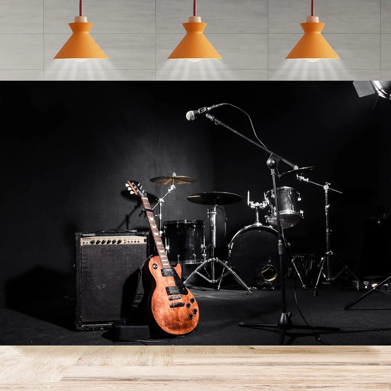 Concert Stage Photography Background Musical Instruments Guitar Drum Set Microphone Music Band Live Shows Party Backdrop Wall