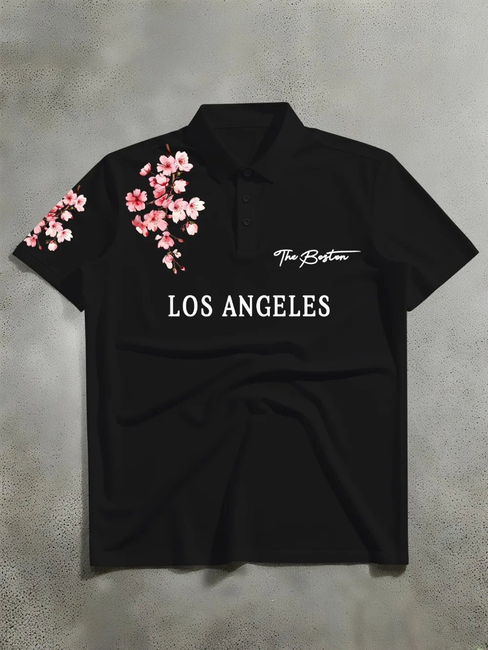 American men's summer Los Angeles letter cherry blossom print soft breathable polo short sleeved T-shirt outdoor casual top