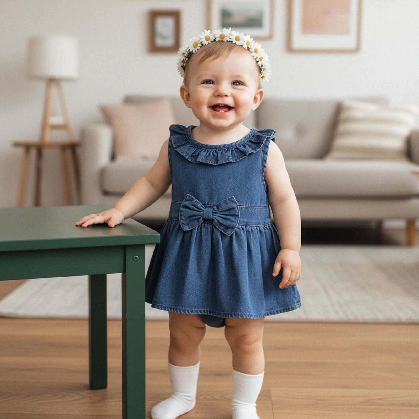 Fashion Baby Girls Summer Jeans Romper Dress Sleeveless Ruffle Collar Denim Bodysuits with Bow Decor