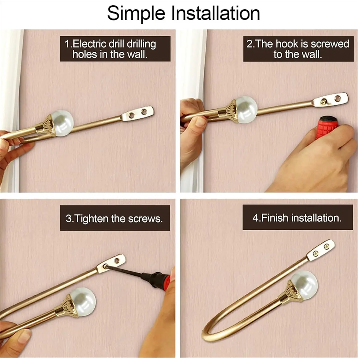 

Золотые пластиковые жемчужные U-образные завязки для штор с винтами, настенные крючки для штор для домашнего офиса
