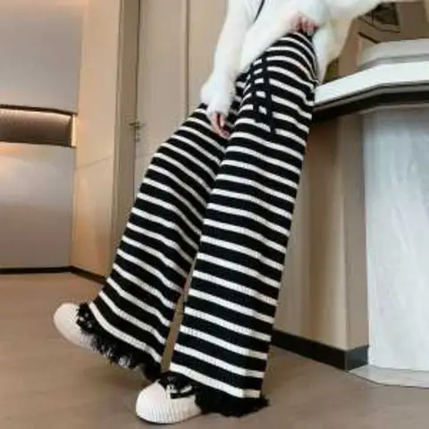 Striped Soft Waxy Knitted Pants for Women Autumn Winter High-waisted Wide-leg Pants Straight-leg Loose Casual Fringed Trousers