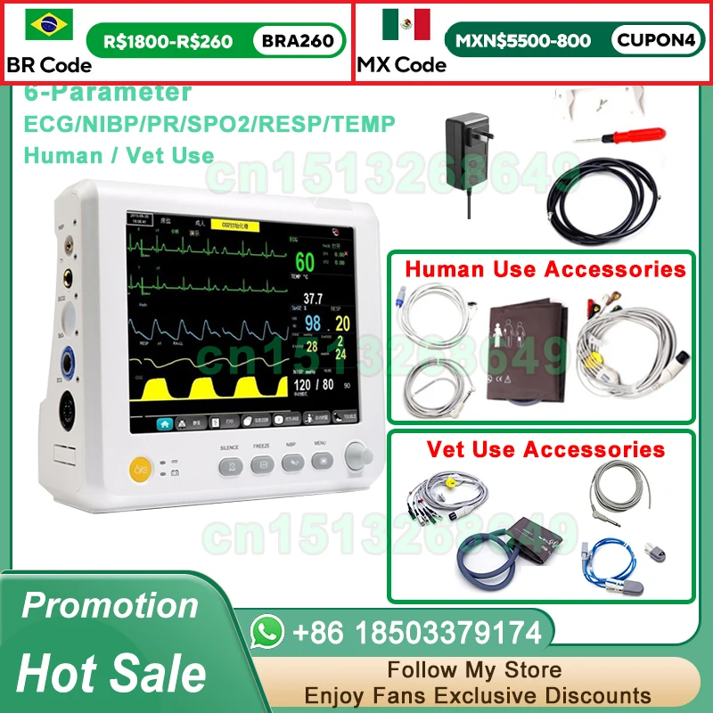 8 inch screen human/Vet use portable 6-parameter monitor ECG/NIBP/PR/SPO2/RESP/TEMP patient monitor vital signs monitor