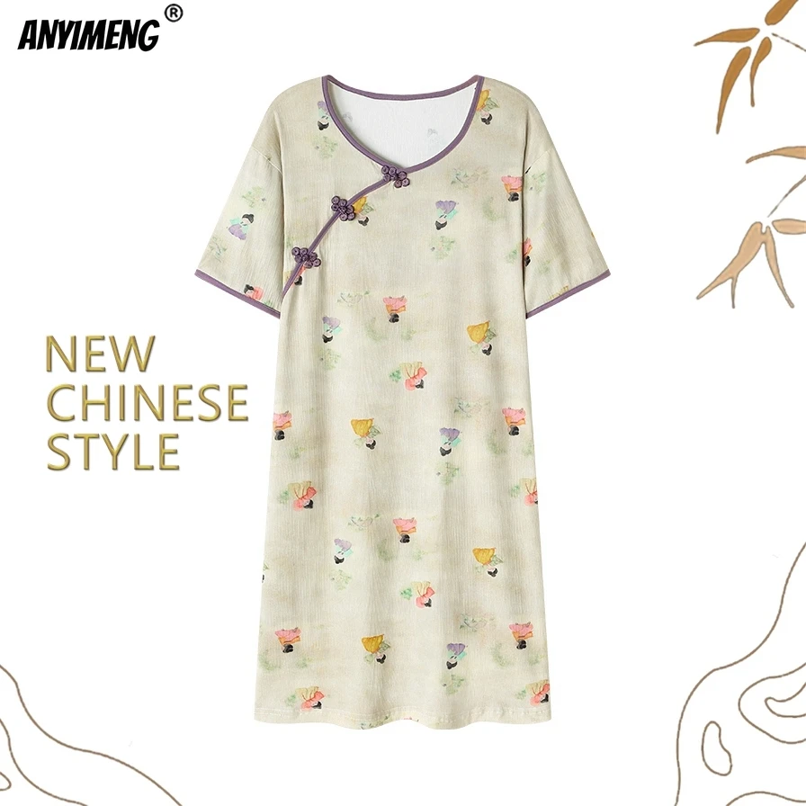 NEW CHINESE STYLE M-3XL Vintage Sleepshirt Elegant Woman Nightgowns Soft Crepe Cotton Sleepshirt Summer Short Sleeves Nightdress