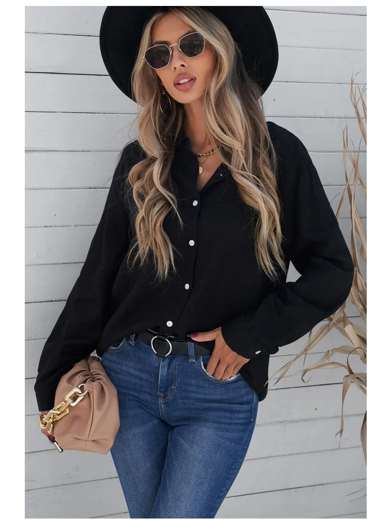 

High Quality Solid Color Shirt For Women Spring & Summer New Style European & American Breasted Lapel Loose Cardigan Top Clothes