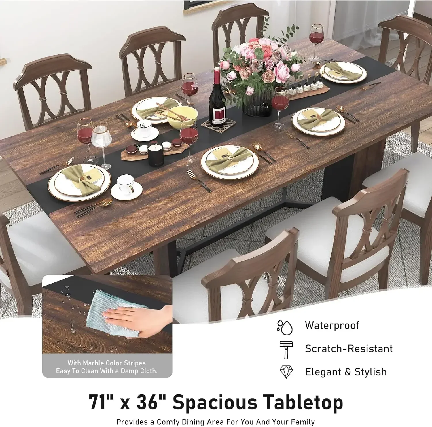 [¡Mejor vendedor, ¡Compre ahora! ] Mesa de comedor rectangular grande de 71 pulgadas, mesa marrón resistente al agua de madera, mesa de cena familiar lujosa de 6 pies Offi