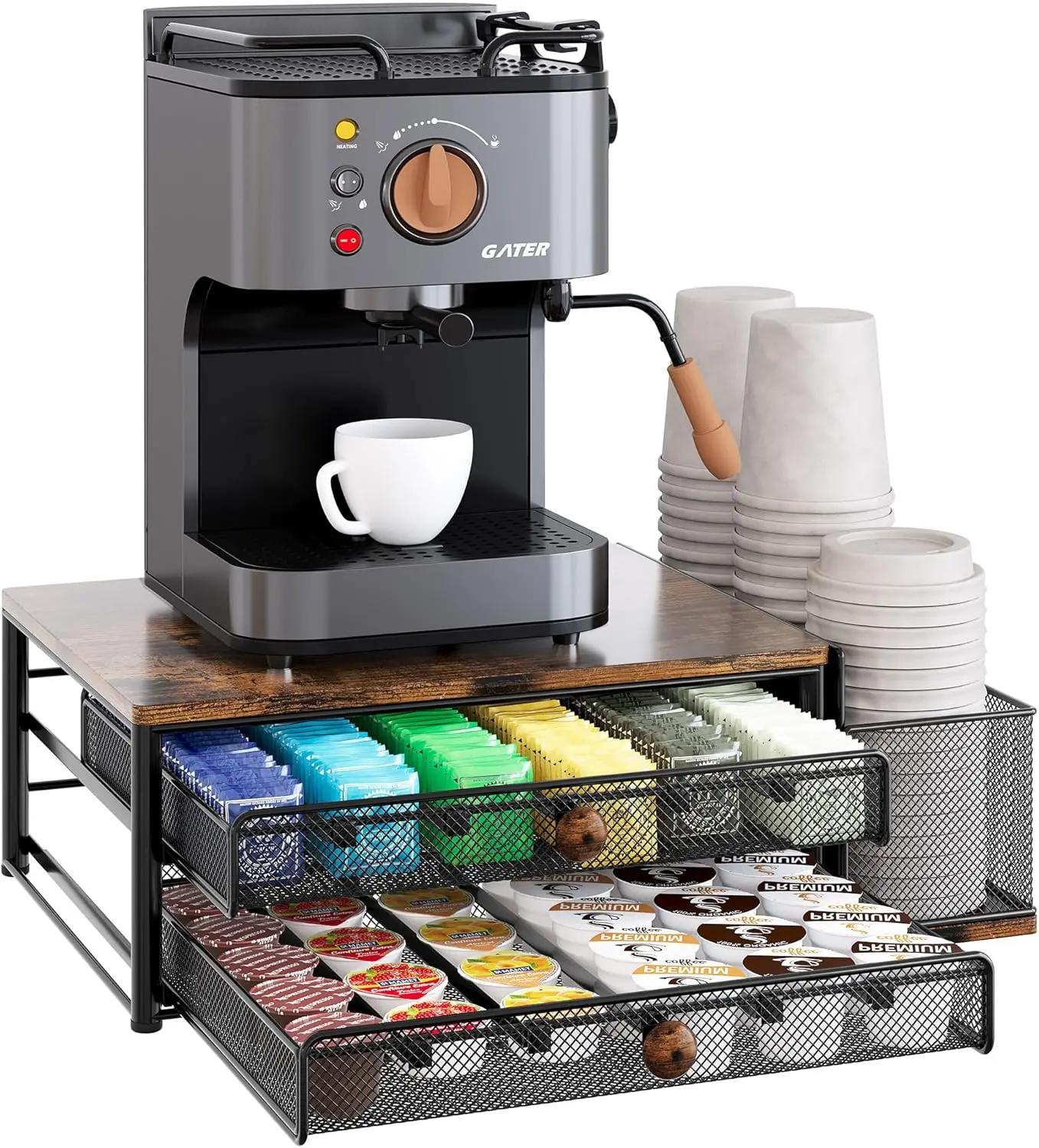 2-Tier Sliding Coffee Pod Holder with 60 Capsule Capacity, Adjustable Dividers & Magnetic Cup Organizer for Countertop Storage