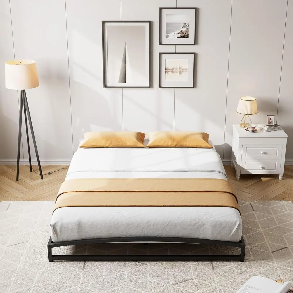 6 Estrutura de cama Queen de metal com arco, plataforma resistente, fácil montagem, espaço de armazenamento, sem necessidade de molas - preto