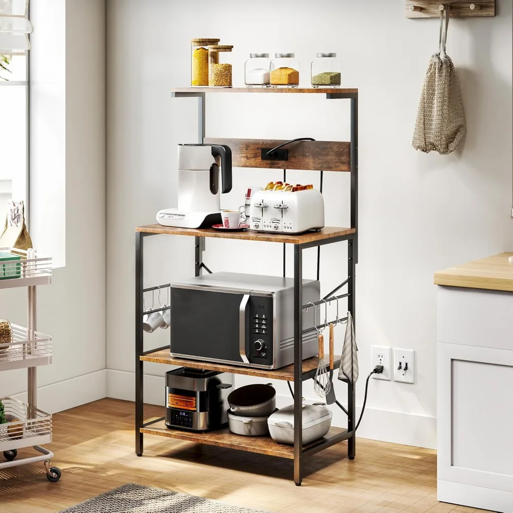3-Tier Kitchen Storage Shelf with Power Outlet, S-Shaped Hooks, Microwave Stand, Coffee Station Utility