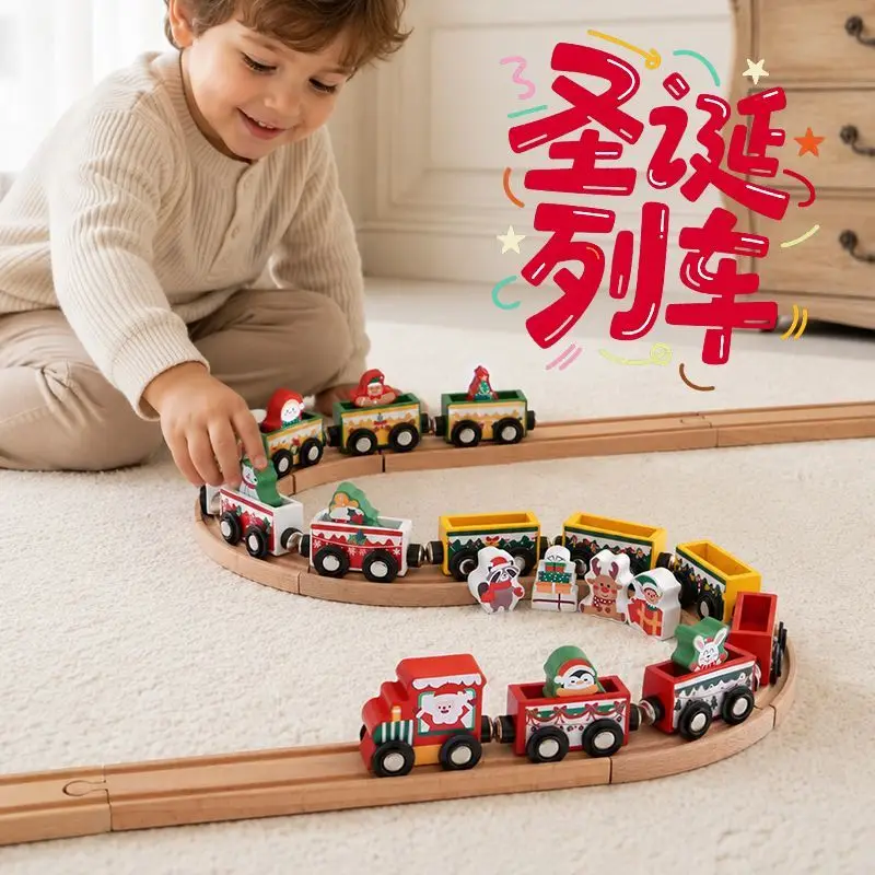 Wooden Christmas Train Ornament for Desktop Cabinet Cupboard Chair Xmas Party Kids Party New Year Decoration Train