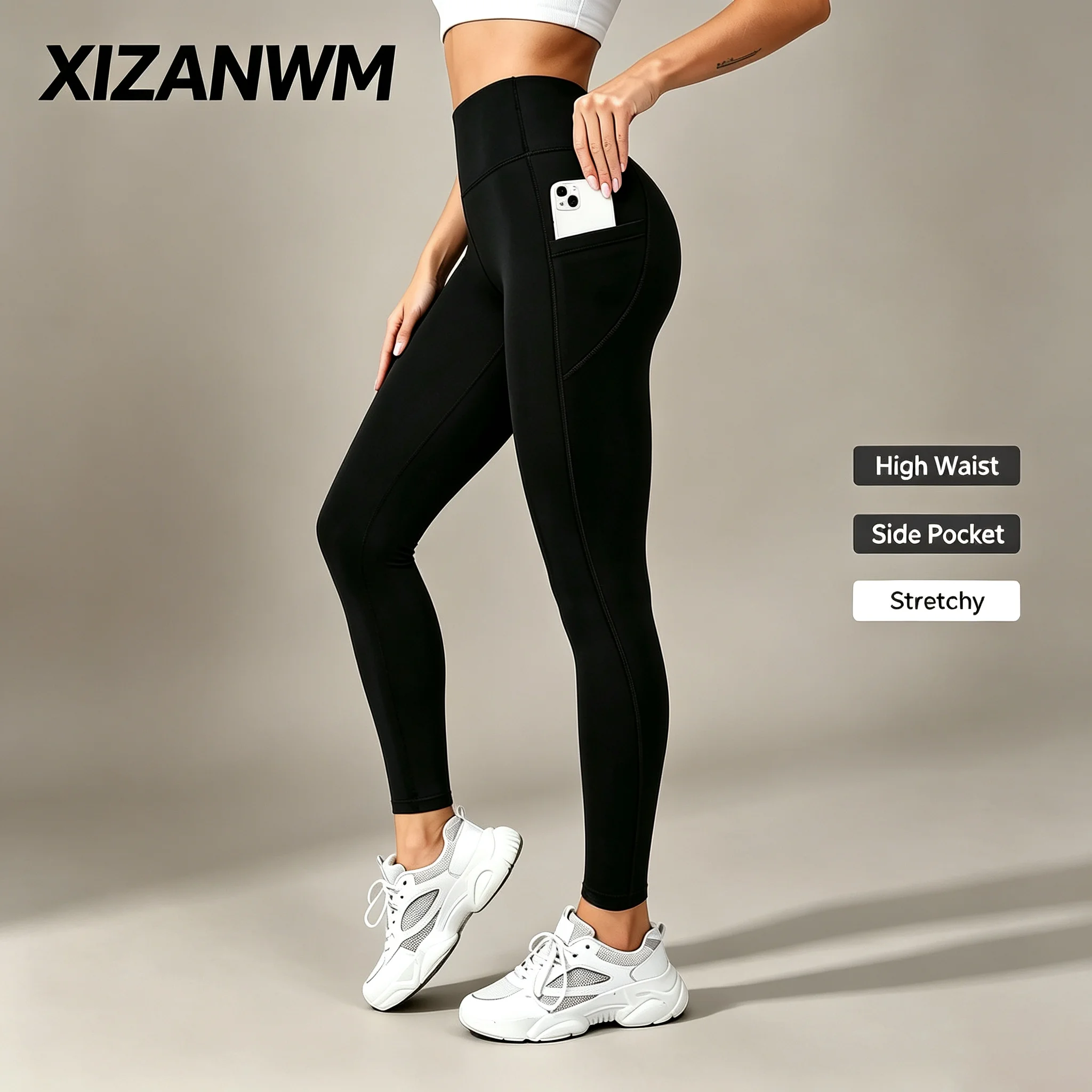 Women's High-Waisted Solid Color Pocket yoga Leggings, Slim-Fit Stretch Leggings, Comfortable and Booty Lifting Fitness Pants