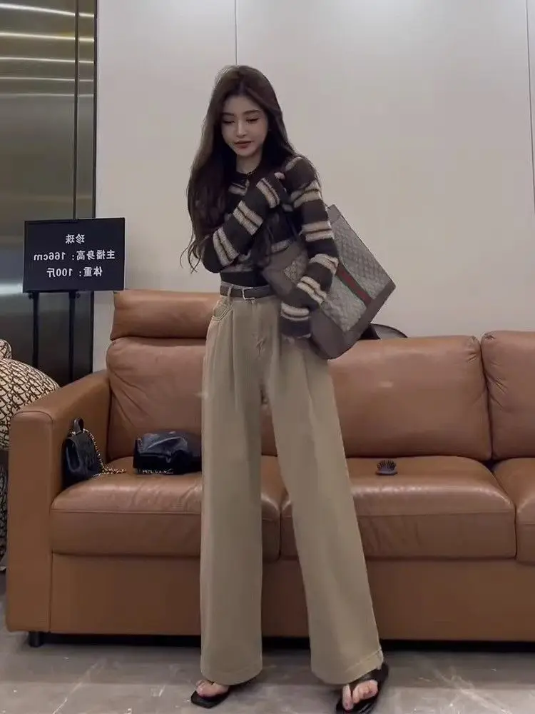 Autumn and winter casual fashion Hong Kong style small fragrance striped knitted cardigan sweater wide leg pants two-piece set