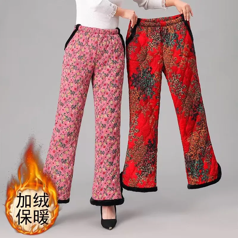 Velvet Warm Plush Pants 2023 New Thick Printed Women Winter Casual Loose Wide Leg Trousers Mother Chinese-style Cotton Pants 5XL