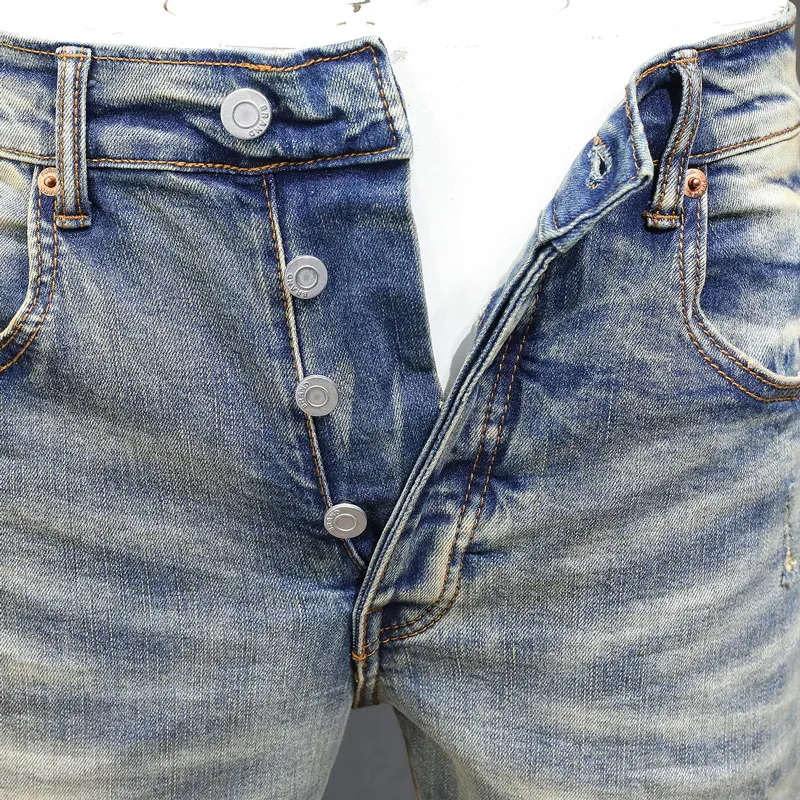 High Street Fashion Men Jeans Retro Washed Blue Stretch Skinny Fit Painted Ripped Jeans Men Patched Designer Hip Hop Brand Pants