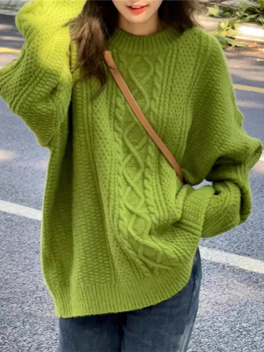 

Retro Green Knitted Sweater Women Autumn Winter 2025 New Loose Soft Long Sleeved Top Lazy Style Round Neck Versatile Pullover