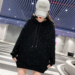 Tops Loose Baggy Pullovers Hoodies Sweatshirts for Women Rhinestone Long Hooded Sequin Glitter Female Clothes Basic New In Xxl E