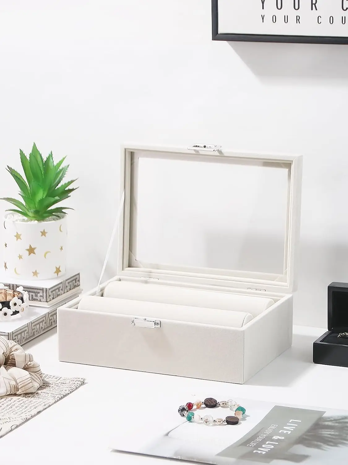 Bracelet Holder Organizer Box, Jewelry Storage Case with 2 Rods, Bangle Watch Display Tray for Women Girls (Beige)