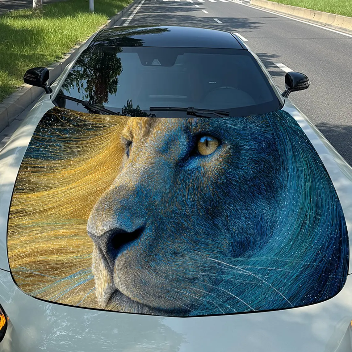 

Dreamy Blue - Yellow Lion Car Hood Stickers - Self-Adhesive, Waterproof and Durable Vinyl Wrap, Decorate And Protect Your Car -