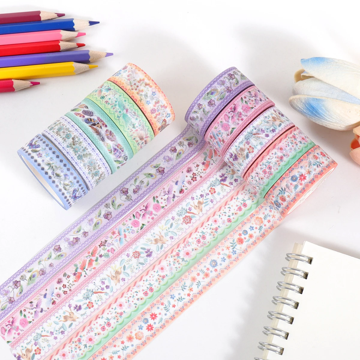10 ロールの上質な和紙テープ、蝶の植物と花のパターンのクリエイティブな手作り DIY 装飾テープ、ファッション装飾アイテム