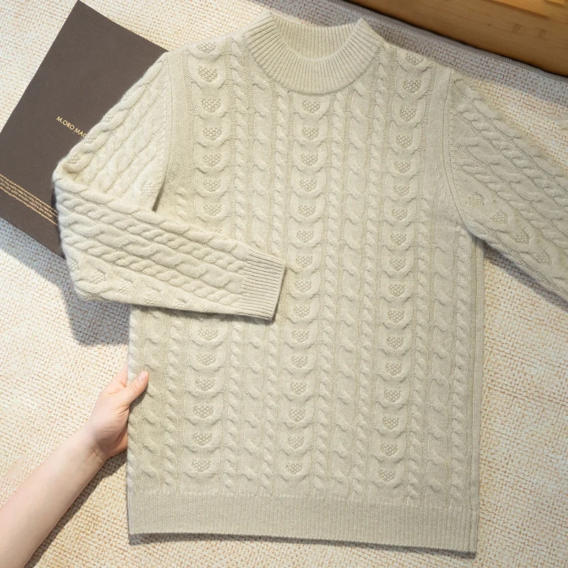 

Классический свитер из 100% чистого кашемира, мужской пуловер с воротником-стойкой, повседневный вязаный нижний свитер с витым цветком, толстый осень-зима