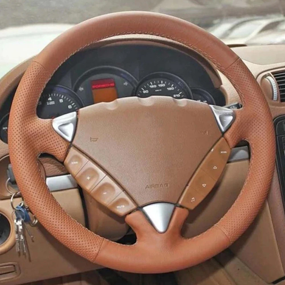 

Hand-Stitched Anti-slip Car Steering Wheel Cover Brown Genuine Leather Car Steering Wheel Covers For Porsche Cayenne 2006-2009