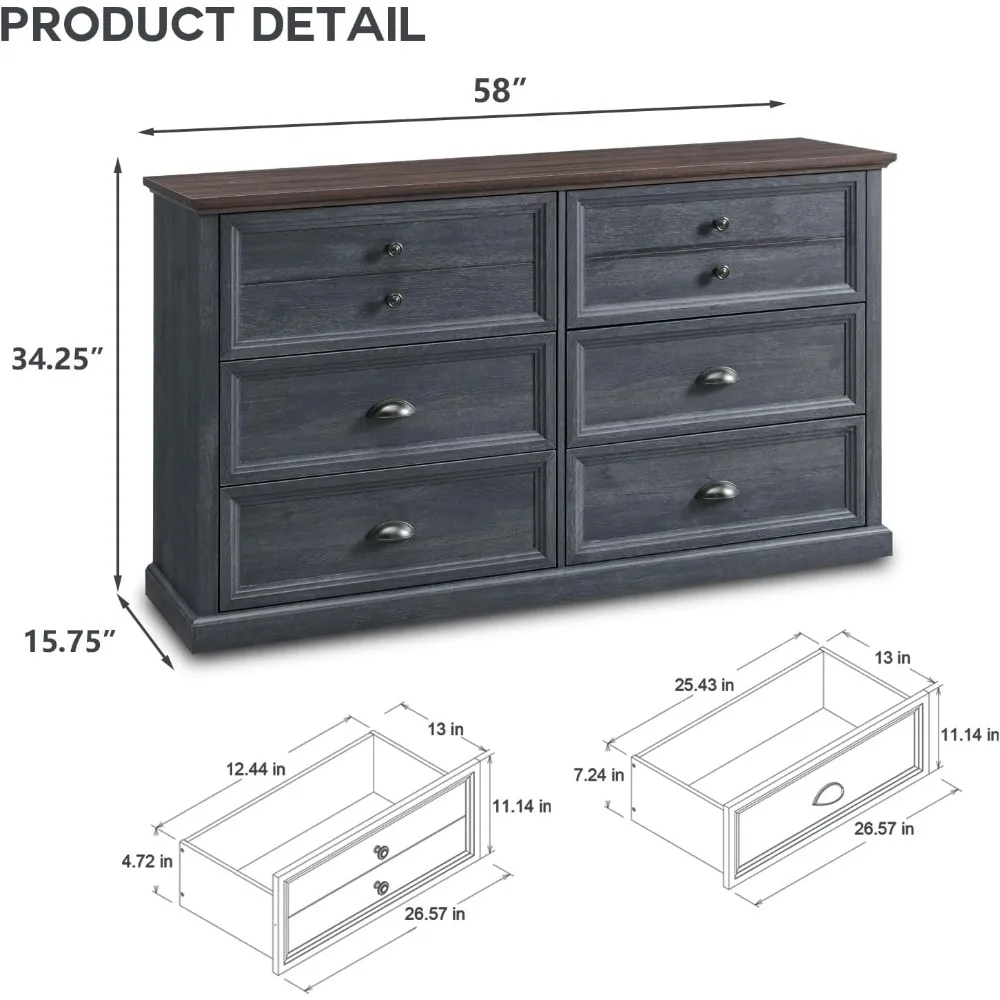 Commode rustique en bois à 6 tiroirs, coffre de rangement large 58 pour chambre à coucher, organisateur avec deux fonctionnalités distinctives