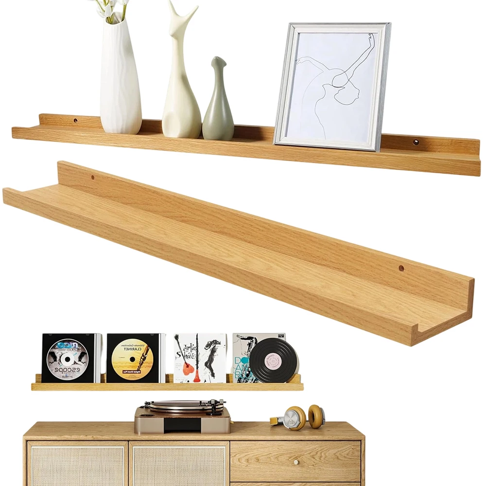 Set di 2 mensole da parete in bambù, con sistema di fissaggio a scomparsa, mascherina per il foro e kit di montaggio, lunghezza 60 cm, ideali come ripiani espositivi per la cucina, il soggiorno, il