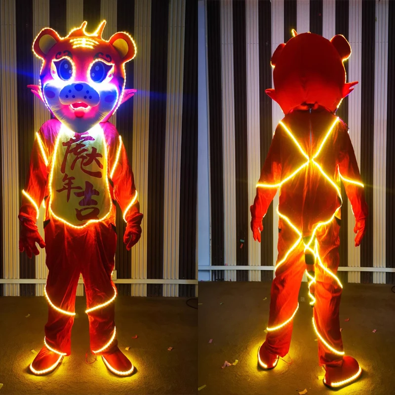 

Светящийся LED-костюм тигра для взрослых, наряд для бара, реквизит для создания атмосферы, одежда с длинными рукавами и брюками, сезонная молодежная одежда