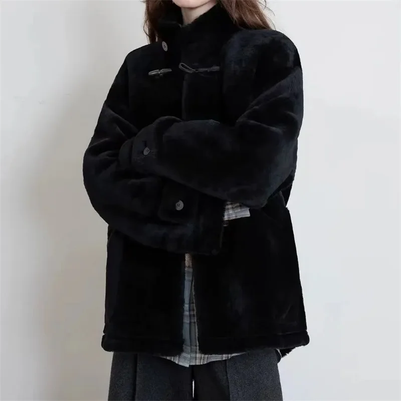 Frauen Mantel 2024 Winter Neue Lose Stehkragen Casual Pelz Integrierte Mantel Lange Mode Faux pelz Einfarbig Pendeln jacke WF