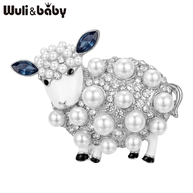 Wuli&baby Lovely Pearl Sheep Brooches For Women Unisex 2-color Rhinestone Year Of the Goat Animal Casual Party Brooch Pin Gifts