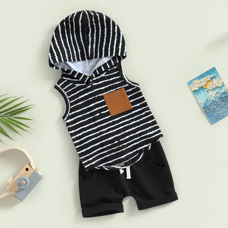 Kids Boy Summer Outfits Striped Sleeveless Hooded T-shirt with Breast Pocket and Stretch Casual Short Set