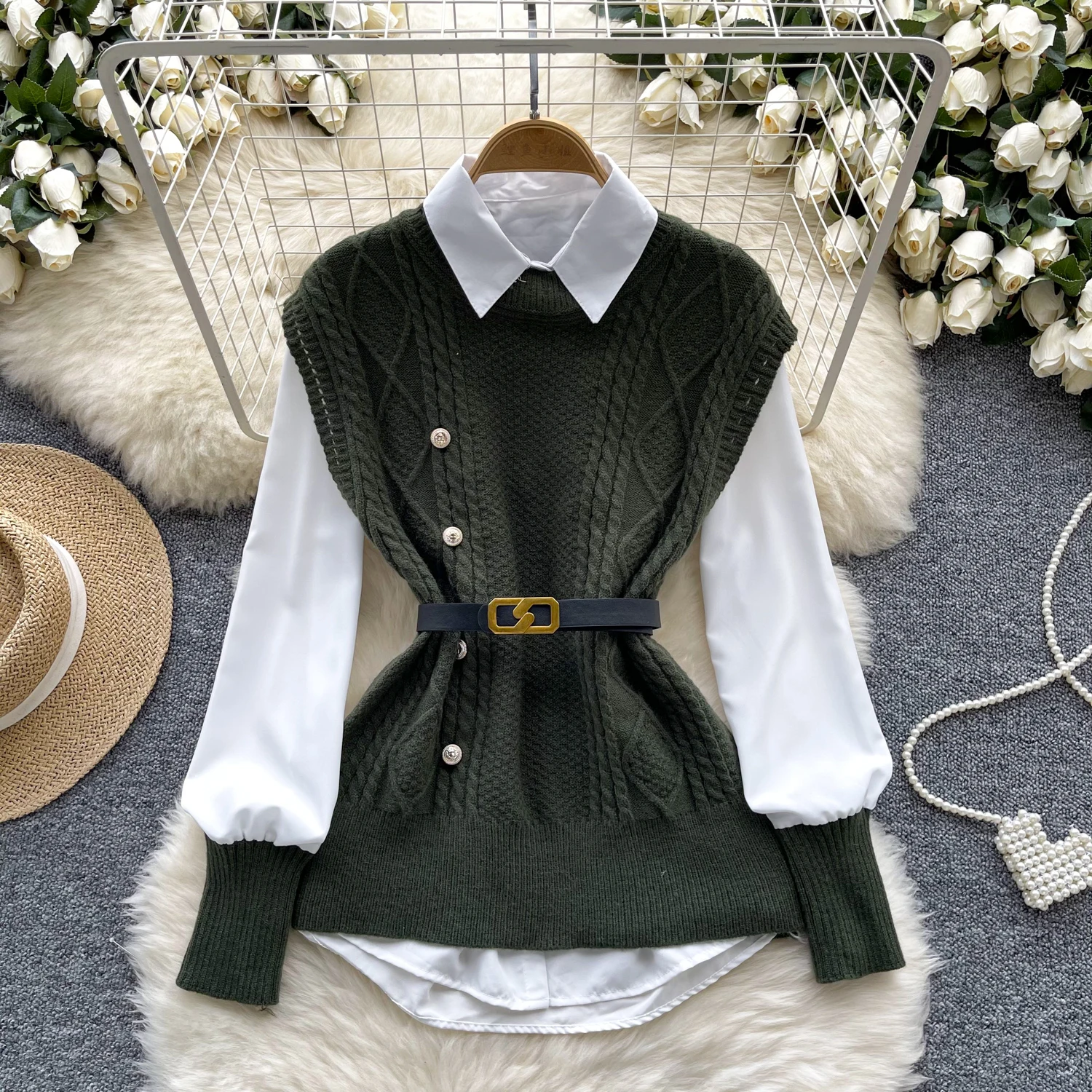 Autumn New Fashion Stacked Shirt Two Piece Set Women\'s Outfits Casual White Blouse and Knitted Pullover Vest Tops Suits Female