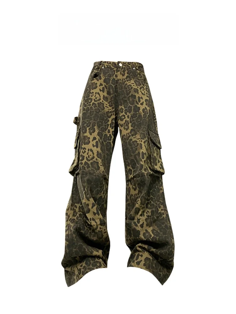 

Ретро-джинсы с американским леопардовым принтом, с высокой талией, повседневные, прямого кроя, женские, весенние, новые, свободные, широкие брюки