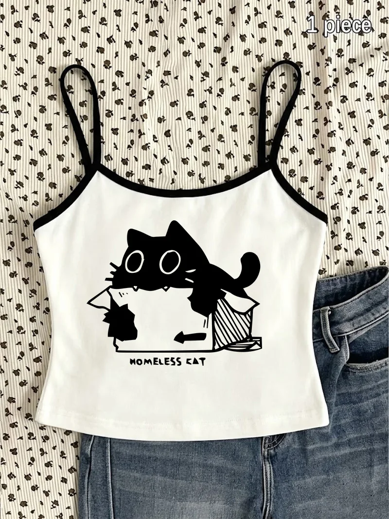 Y2k Harajuku Cat 90s Girls Retro Camisole Top Women Casual Funny Cat Crop Top Vest 90s Women'S Tank Top Clothes Summer