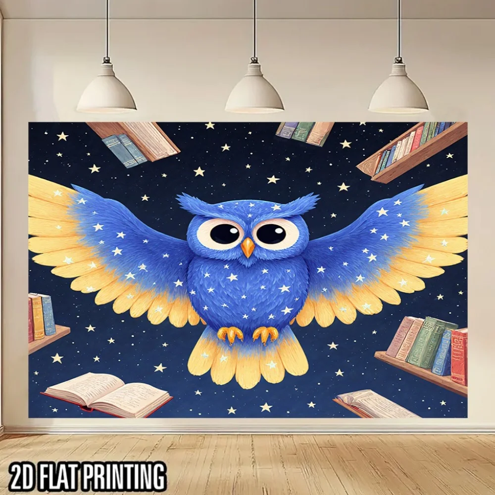 Whimsical Blue Owl In Space With Stars Open Books And Shelves Wall Decor Art Print For Children's Room Education Theme