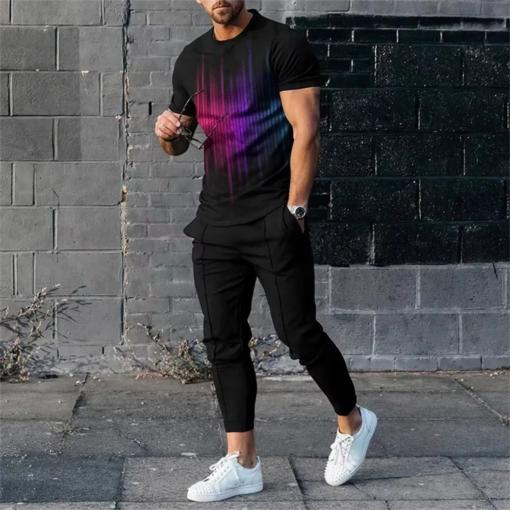 Heißer Verkauf Sommer 3d gedruckt Männer kurze T-Shirt Hose Set Mann Kurzarm lange Hosen Set Retro lässig Männer T-Shirt Hosen Anzug