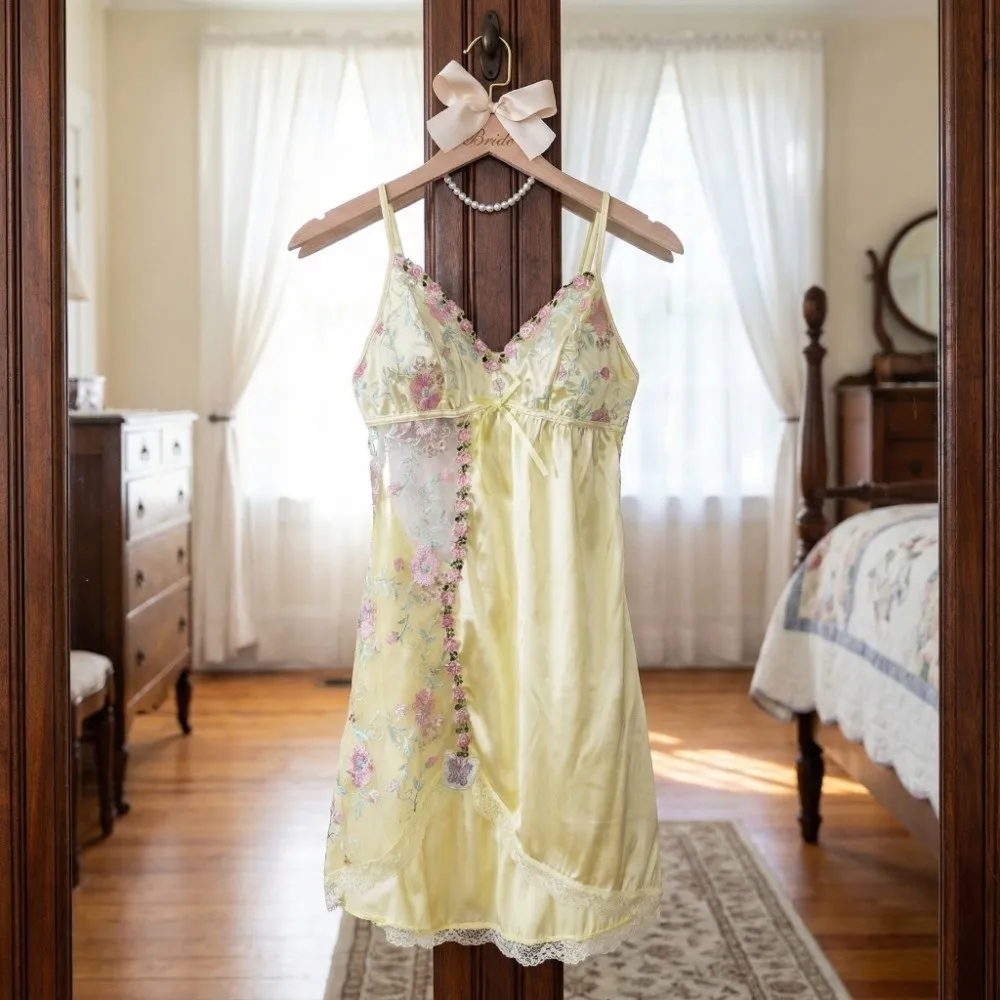 

Thin Lace Bow Women's Pajama Dress Embroidered Mesh Transparent Ice Silk Suspender Nightdress Split Sleepwear