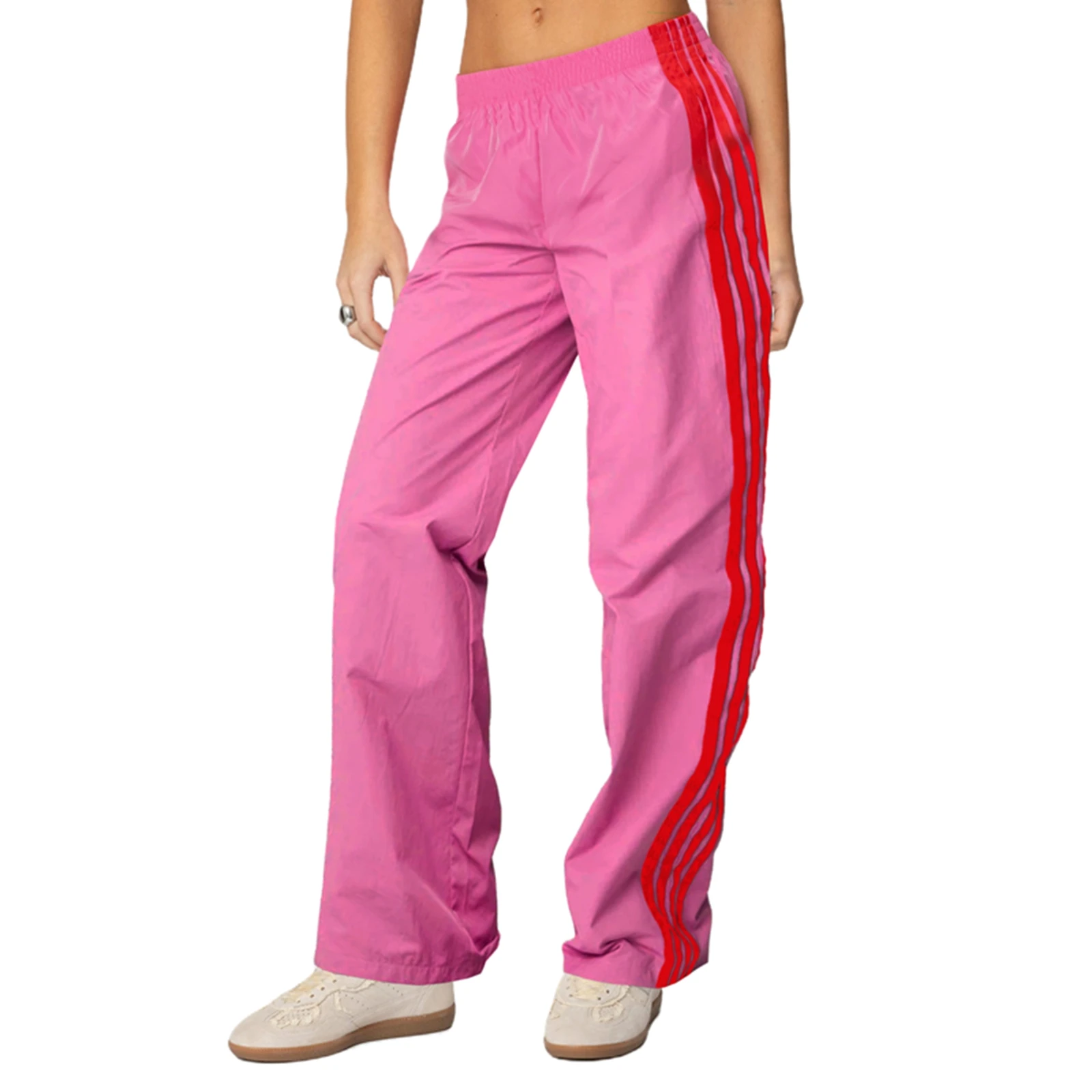 女性サイドストライプパンツ弾性ウエストストレートレッグスウェットパンツポケット付きカジュアルスポーツ日常着ストリート