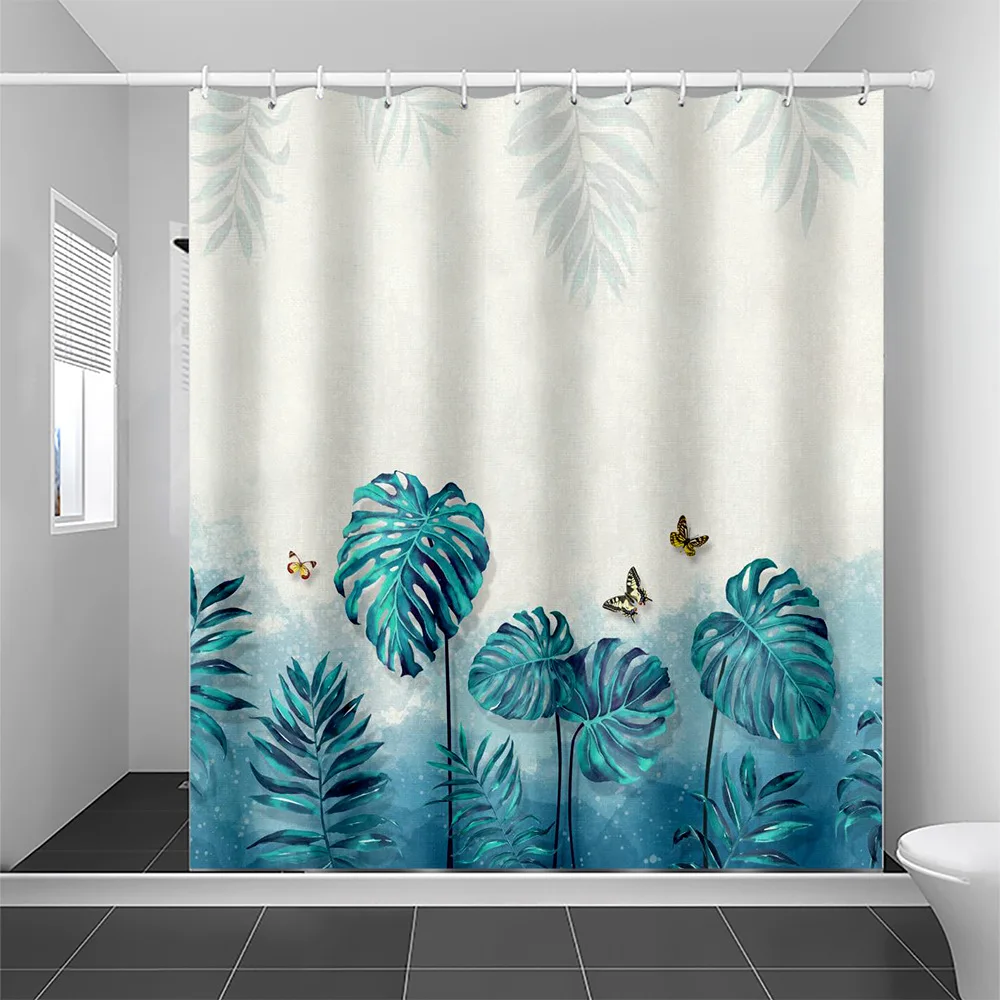 

Синяя занавеска для душа с пальмовым листом и бабочкой, моющаяся грязеотталкивающая насадка для душа, водонепроницаемая полиэстеровая занавеска для ванны для домашнего декора