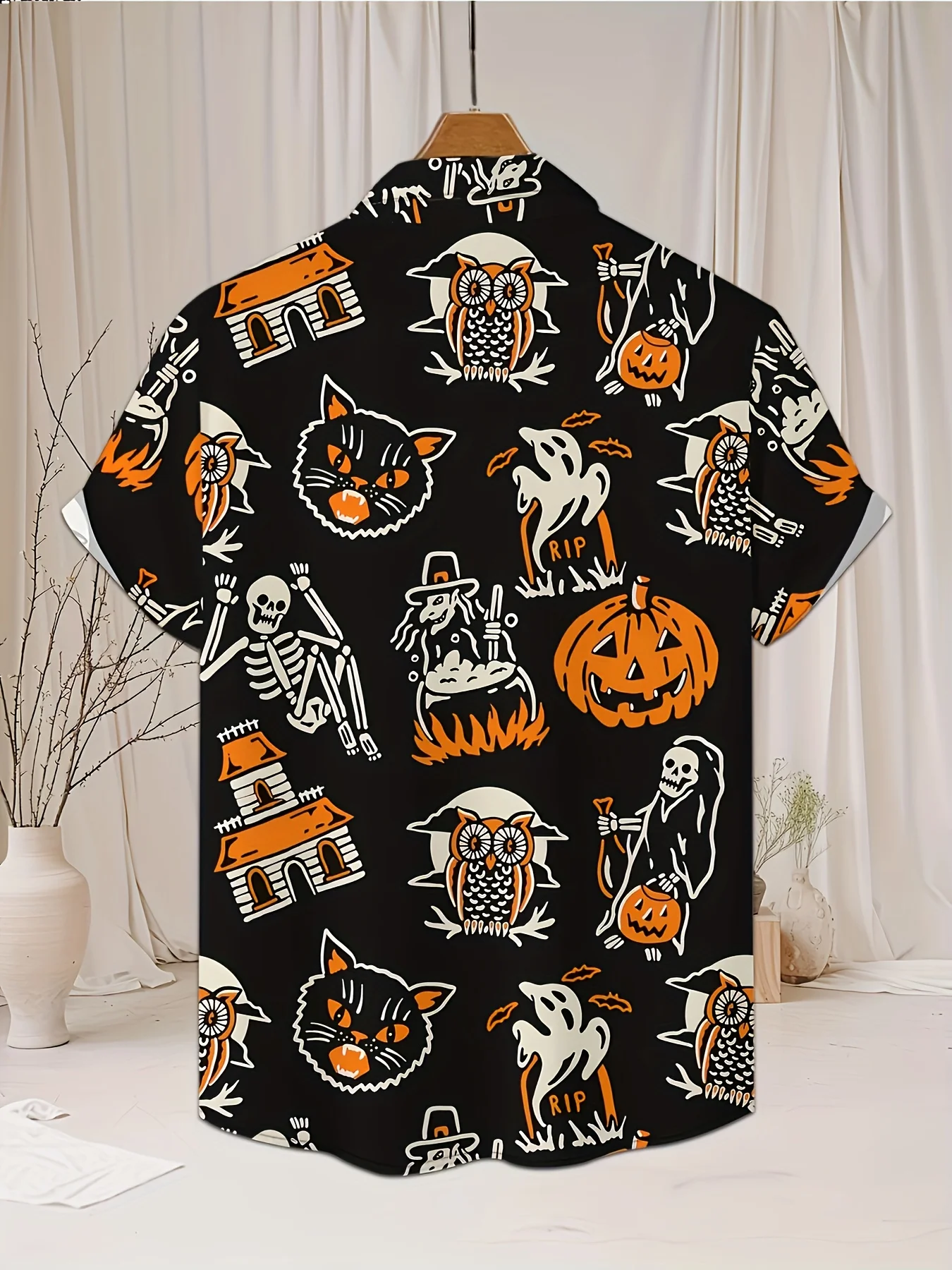 Men's Halloween Pumpkin Skeleton Ghost Black Cat Print Short Sleeve Camp Collar Shirt Horror Party Casual Top