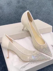 Spring and summer pointed shallow mesh rhinestone wedding shoes thin high-heeled banquet dress large size small size women shoes