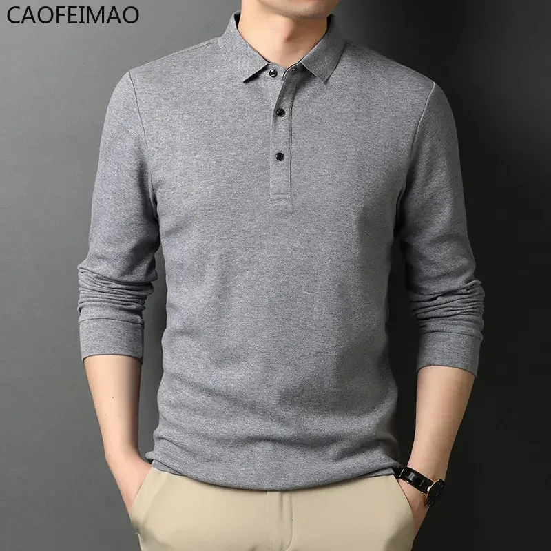 Caofeimao Polo Shirt Men Long Sleeve Business Casual Polo Shirt Mens Clothes Spring Autumn Solid Male Turn Down Collar Tops Tees