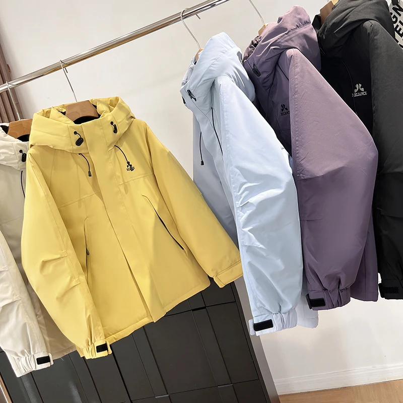 

Outdoor Windproof Waterproof Du down Jaet with Hat Thiened Long Sve Zipper Closure Couples Sle Hiking Cam Coat