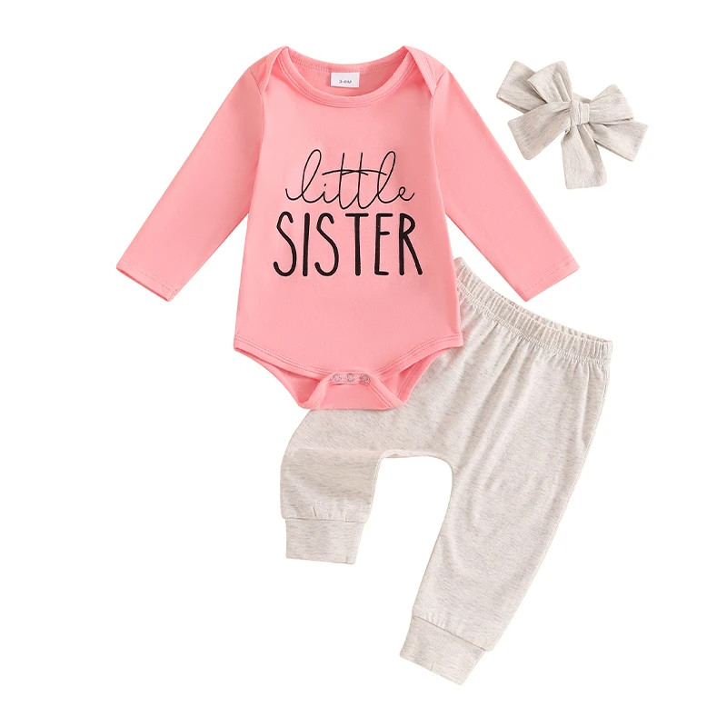 

Newborn Baby Girl Fall Clothes Little Sister Long Sleeve Romper Long Pants Headband Set 3Pcs Coming Home Outfit