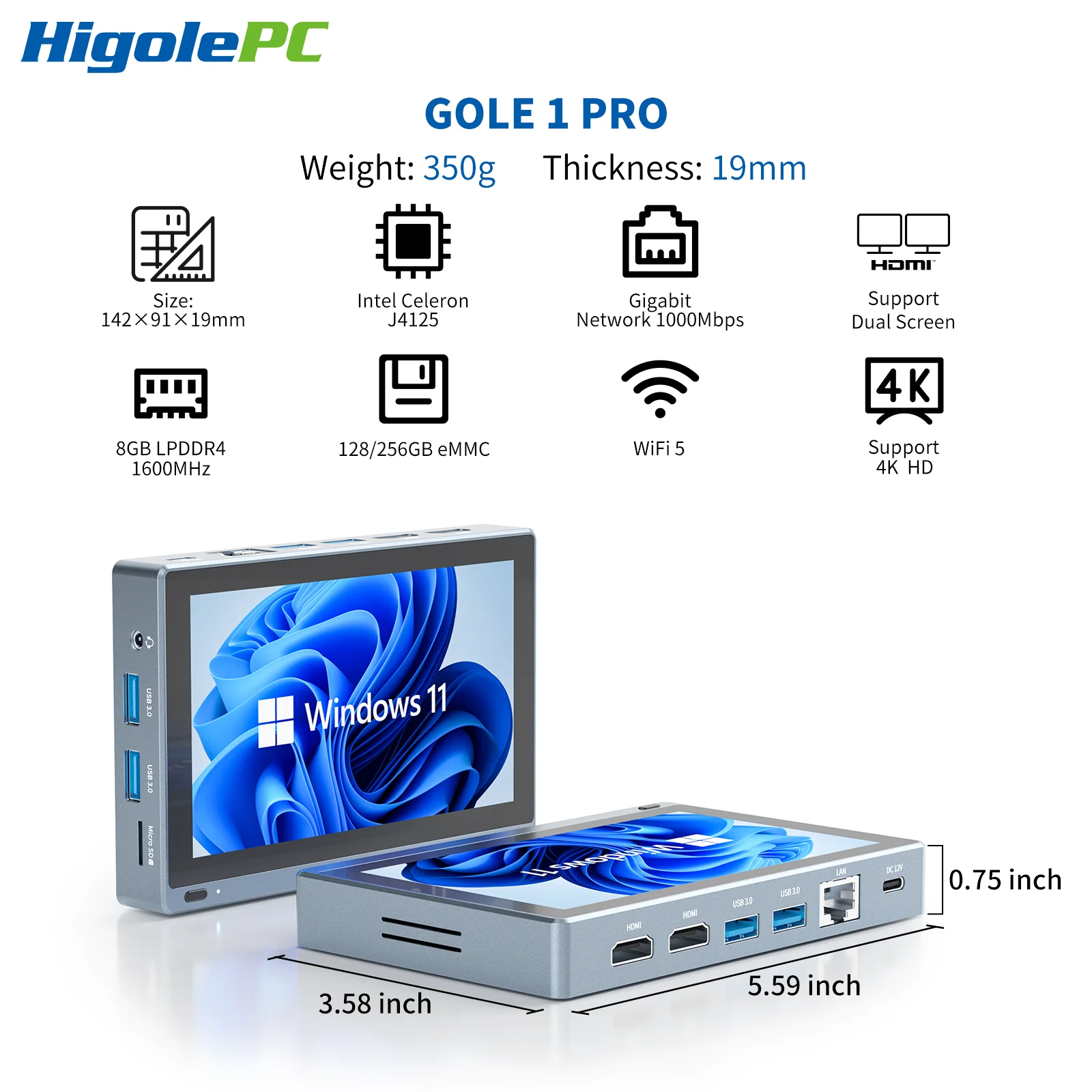 Higole 1 Pro 5.5'' Fanless Mini PC Windows 11 Intel J4125 WiFi 8GB 128/256GB Touch Screen Desktops Industrial Computer Tablet PC