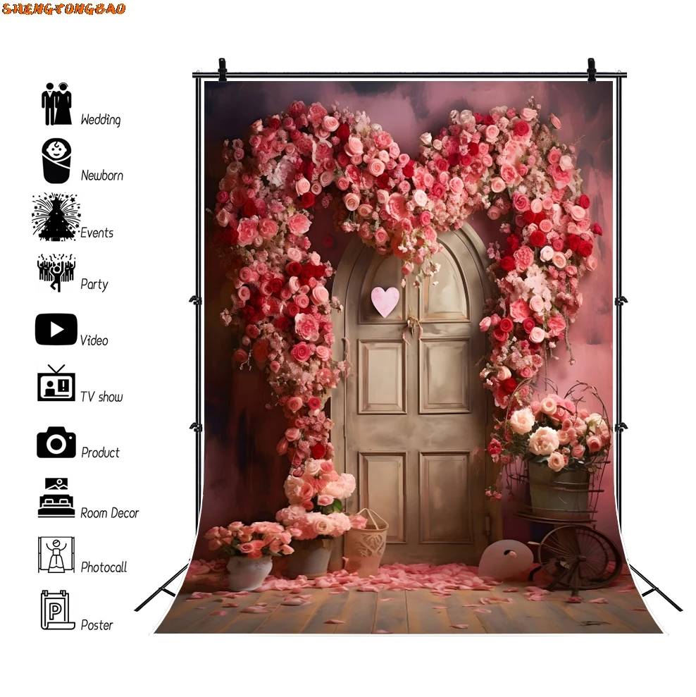 Valentijnsdag Fotografie Achtergrond Rode Roos Bloemen Liefde Hart Interieur Kamer Verjaardag Bruiloft Photocall Achtergrond Fotostudio