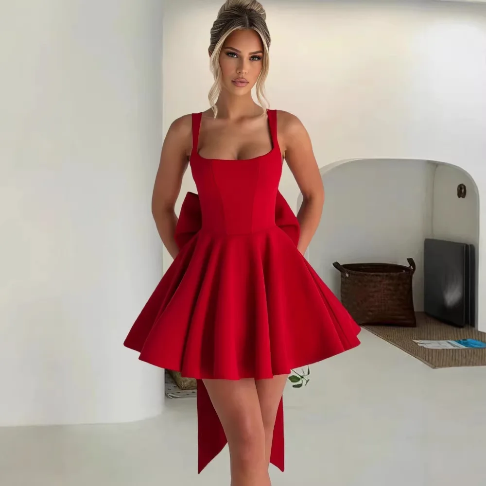 

Sweet Backless Big Bow Sling Dress for Women, 2026 Spring New Style, Personality Fishbone Pattern Patchwork Short Skirt